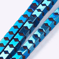 со Синим Покрытием Гальванизировать немагнитных синтетический гематит бисер пряди, бисер нитей, кубические, с покрытием синим, 4x4x4 мм, отверстие : 0.5 мм, около 107 шт / нитка, 16.1 дюйм (41 см)