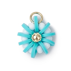 Голубой Подвески из полимерной глины, стеклянных семян и латуни ручной работы, цветок, с 304 кольцами из нержавеющей стали, голубой, 15x14x6 мм
