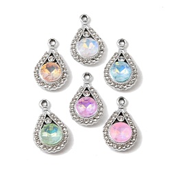 Platinum UV Plating Alloy Glass Pendants, Teardrop Charm, with Rhinestone, Faceted, Mixed Color, Platinum, 22.5x14x5.3mm, Hole: 2mm