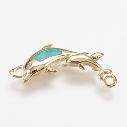 Grün Messingverbinder Stecker, mit synthetischen Opal, Delphin, golden, grün, 18x8x2 mm, Bohrung: 1 mm
