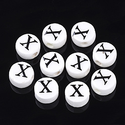 Letter X Фарфоровые бусины ручной работы, горизонтальное отверстие, плоские круглые с буквы, белые, letter.x, 8~8.5x4.5 мм, отверстие : 2 мм