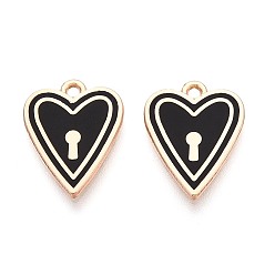 Черный Подвески из эмали и сплава, стойки покрытие, сердце блокировки прелести, золотые, чёрные, 17~17.5x13.5x1.2 мм, отверстие : 1.5 мм