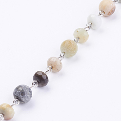 Amazonite Faceted Natural Amazonite Handmade Beaded Chains, Unwelded, with Frosted Amazonite and Iron Eye Pin, Platinum, 39.37 inch, 1m/strand