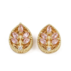 Pink Многожильные звенья из латуни с паве из кубического циркония, долговечный, лист, золотые, розовые, 12x10x6 мм, отверстие : 2 мм