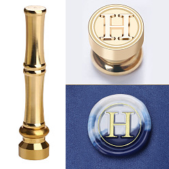 Letter H Golden Tone Brass Wax Seal Stamp Head with Bamboo Stick Shaped Handle, for Greeting Card Making, Letter H, 74.5x15mm
