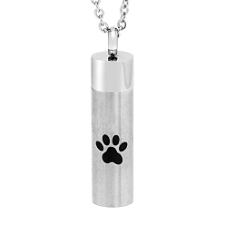 Stainless Steel Color Paw Print Pattern Column Ash Urn Stainless Steel Pendant Neckalce, Empty Portable Bottle Necklace, Pet Memorial Cable Chain Necklace, Stainless Steel Color, 21-5/8 inch(55cm)
