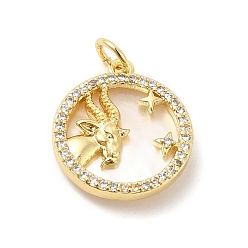 Aries Brass Clear Cubic Zirconia with Shell Pendants, Flat Round Charms with Constellation Pattern, Golden, Aries, 17x15x3mm, Hole: 3mm