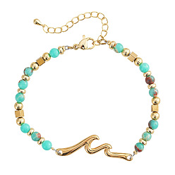 Имперская яшма 304 Браслеты из нержавеющей стали с волнообразными звеньями, Браслеты из натурального императорского камня и круглых бусин из латуни для женщин, 6.50 дюйм (16.5 см) ~ 6.69 дюйм (17 см)