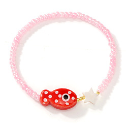 Красный Эластичные браслеты ручной работы из фарфора и смоляных бусин для женщин, рыба и звезда, с оболочкой, красные, 6.89 дюйм (17.5 см)