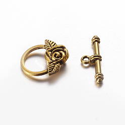 Antique Golden Tibetan Style Toggle Clasps, Lead Free and Cadmium Free, Antique Golden, Flower: 18x19mm, Bar: 4x24mm, Hole: 2mm