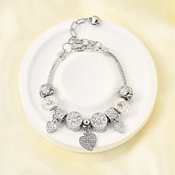 Платина Сплав европейские бусины браслеты с подвесками, браслеты из змеиной цепи для женщин, сердце, смолой и горный хрусталь, без свинца и без кадмия, платина, 7-1/8 дюйм (18.2 см)