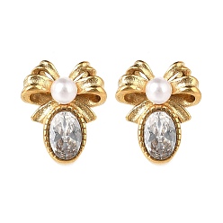 Настоящее золото 18K 304 Серьги-гвоздики из нержавеющей стали с прозрачным фианитом и микропаве, с пластиковой имитационной жемчужиной, бантом, реальный 18 k позолоченный, 13x11 мм