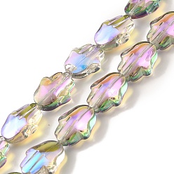 Violet Transparent Electroplate Glass Beads Strands, Half Rainbow Plated, Hamsa Hand, Violet, 17.8x13.5x7.5mm, Hole: 1.3mm, about 40pcs/strand, 27.95 inch(71cm)