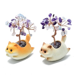 Смешанные камни Украшения из натуральной крошки смешанных драгоценных камней в виде дерева жизни с кошачьими украшениями, с керамической основой разных цветов и медной проволокой, фен-шуй энергетический камень подарок для домашнего офиса украшение рабочего стола, 69~70x43.9x90~97 мм