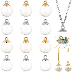 Clear 60Pcs Round Mechanized One Hole Blown Glass Globe Ball Bottles, with 60Pcs 2 Colors Brass Bead Cap Pendant Bails, Clear, 18mm, Hole: 3~5mm