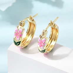 Pink Серьги-кольца из латуни с эмалью для женщин, цветок, золотые, розовые, 20x18.5x5 мм