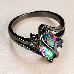 Разноцветный Кольца для женщин с конским глазом и кубическими цирконами из латуни, металлический черный , красочный, размер США 9 (18.9 мм)