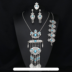 Темно-бирюзовый Овальный сплав с подвеской из смолы, подвесные серьги-гвоздики, браслет и кольцо, античное серебро, темные бирюзовый, 50x23 мм & 540 мм & 210~230 мм & 36x23 мм
