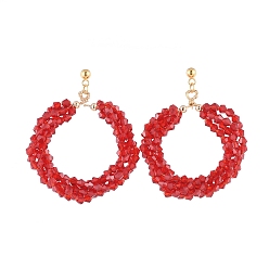 Rouge Boucles d'oreille, avec des perles de verre à facettes, Boucles d'oreilles 304 en acier inoxydable plaqué or, perles en laiton et écrous d'oreille, rouge, 54mm, pin: 0.7 mm