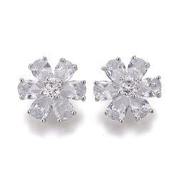 Платина Пуговицы на хвостовике из латуни с микропейвом и прозрачным кубическим цирконием, цветок, платина, 13.5x8 мм, отверстие : 1.2 мм