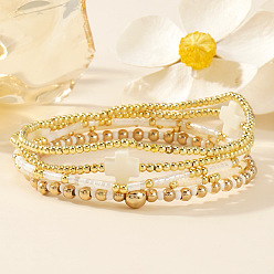 Античный Белый 5шт. 5 стили браслетов из латуни и смоляных бусин на эластичной основе, составные браслеты для женщин, крест, круг и столбик, золотые, старинный белый, 6.50 дюйм (16.5 см)