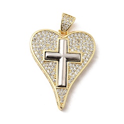 Настоящее золото 18K Латунные микро проложить кубического циркония подвески, сердце с крестными прелестями, стойки покрытие, долговечный, без свинца и без кадмия, реальный 18 k позолоченный, 31x24x4.5 мм, отверстие : 5x3 мм