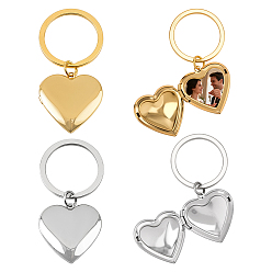 Heart 4Pcs 2 Colors Stainless Steel Photo Locket Keychains, with Iron Split Key Rings, Golden & Stainless Steel Color, Heart, 60mm, 2pcs/color
