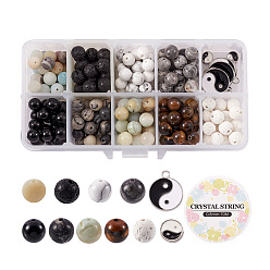 Mixed Color DIY Stretch Charm Bracelets Making Kits, Including 225Pcs Gemstone Round Beads, Alloy Enamel Findings and Elastic Crystal Thread, Mixed Color, 8mm, Hole: 1mm, 9 style, 25pcs/style, 225pcs
