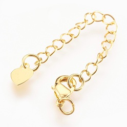 Real 18K Gold Plated Eco-Friendly Brass Chain Extender, with Lobster Claw Clasps, Cadmium Free & Nickel Free & Lead Free, Long-Lasting Plated, Heart, Real 18K Gold Plated, 73x3mm, Hole: 2.5mm, Clasps: 10x6x3mm
