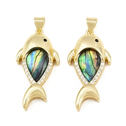 Real 16K Gold Plated Brass Micro Pave Black Cubic Zirconia with Colorful Shell Pendants, Fish Charms, Real 16K Gold Plated, 31x16x6.5mm, Hole: 5x3mm