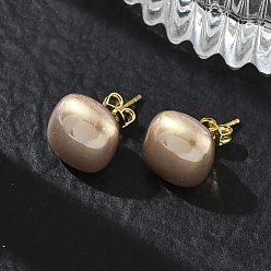 Color Canela Pendientes de botón de imitación de perlas de latón y plástico ABS para mujer, plaza, larga duración plateado, chapado en rack, sin plomo y el cadmio, dorado, bronceado, 12x12 mm