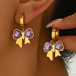 Золотой Модные 201 серьги-кольца из нержавеющей стали с бантом, со стеклом, золотые, 30x20 мм