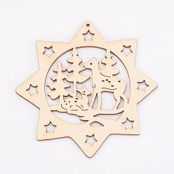 Antique White Undyed Wooden Pendants, Eight Pointed Star, for Christmas Theme, Antique White, 100x100x2.5mm, Hole: 2mm