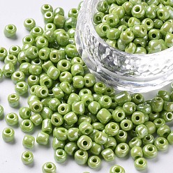 Green Yellow Glass Seed Beads, Opaque Colors Lustered, Round, Green Yellow, 4mm, Hole: 1.5mm, about 4500pcs/pound