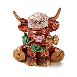 Saddle Brown Highland Cow with Rose Flower Enamel Pins, Alloy Lapel Pins for Clothes, Light Gold, Saddle Brown, 43x38mm