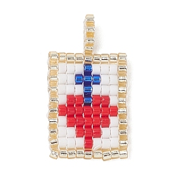 Красный Стеклянные подвески из бисера, прямоугольник с подвесками в виде сердечек из бисера, красные, 22~23x13x1.5~3.5 мм, отверстие : 3.5 мм