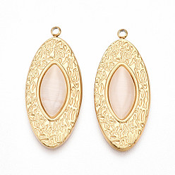 Настоящее золото 18K 304 подвески из нержавеющей стали, овальные амулеты, со стеклом, имитация кошачьих глаз, ионное покрытие (ip), реальный 18 k позолоченный, 34.5x15x4 мм, отверстие : 1.6 мм