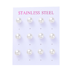 Stainless Steel Color Plastic Imitation Pearl Stud Earrings, with 304 Stainless Steel Pins and Ear Nuts, Round Ball, Stainless Steel Color, 8mm, Pin: 0.6mm, 6pairs/card