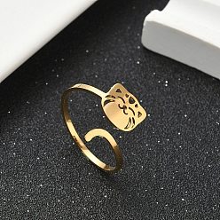 Золотой 304 из нержавеющей стали Манжета кольца для женщин, полый, форма кошки, золотые, внутренний диаметр: 19 мм
