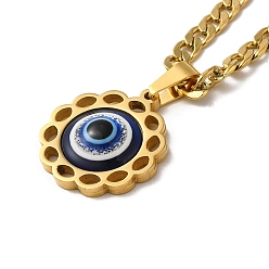 Golden Enamel Flower with Eye Pendant Necklaces, 304 Stainless Steel Curb Chain Necklaces , Golden, 23.46 inch(59.6cm)