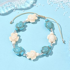 Серебро Регулируемые браслеты из плетеных бусин из синтетической бирюзы и немагнитного гематита., Браслеты из плетеной нейлоновой веревки для женщин и мужчин, черепаха, разноцветные, серебряные, внутренний диаметр: 1.97~3.15 дюйм (5~8 см)