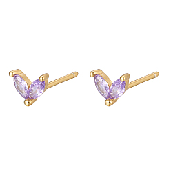 Lilas Boucles d'oreilles dorées en argent sterling avec micro pavé de zircones cubiques, feuille, lilas, 925mm