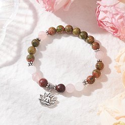 Смешанные камни Круглые бусины из натурального унакита, белого нефрита, розового кварца и полихромной яшмы, эластичные браслеты, браслеты с подвесками в виде лотоса из сплава для мужчин и женщин, внутренний диаметр: 2-1/8 дюйм (5.5 см), лотоса: 16.5x18x1.5 мм