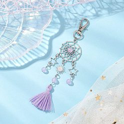 Лиловый Подвеска из натурального и окрашенного малайзийского нефрита и сплава, поворотные застежки и подвески-кисточки из поликоттона для украшений сумок, плоский круг/паутина со звездой и солнцем, сирень, 135 мм