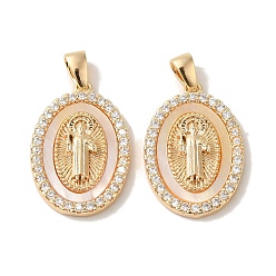 Настоящее золото 18K Покрытие стойки, латунные подвески в виде ракушек с кубическим цирконием, без кадмия, без никеля и без свинца, овальные, реальный 18 k позолоченный, 22x14x3 мм, отверстие : 2x5 мм