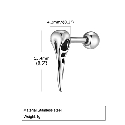 Птица Мужские серьги-гвоздики из нержавеющей стали с микропаве и кубическим цирконием, античное серебро, птица, 13.4x4.2 мм