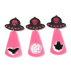 Platinum Halloween Opaque Acrylic Big Pendants, Skull Charms, with Iron Ring, with Glitter Powder, Platinum, 64x29.5x2mm, Hole: 1.5mm