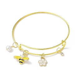 Golden Adjustable Iron Expandable Bangles, Bees & Flower Alloy Enamel & Shell Pearl Charms Bangle, Golden, Inner Diameter: 2-1/2 inch(6.2cm)