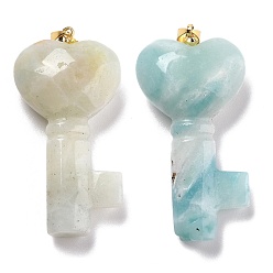Flower Amazonite Подвески из натуральных цветов амазонита, с золотым латунным прыжковым кольцом, Ключ с сердцем, 43x22x10.4 мм, отверстие : 3.8x5 мм