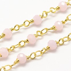 Misty Rose Handmade Glass Beaded Chains, with Spool, Unwelded, Faceted Rondelle, Imitation Jade, with Brass Findings, Golden, Misty Rose, 4mm, about 32.8 Feet(10m)/roll